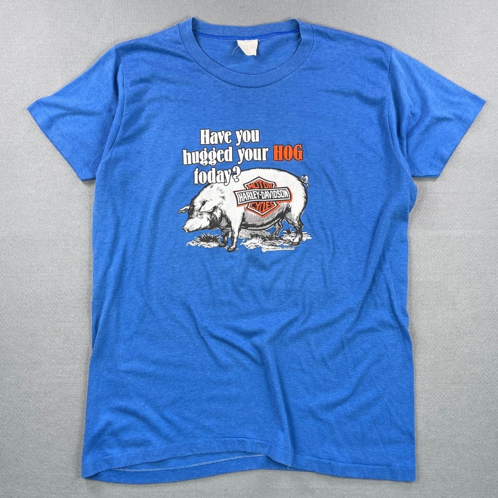 Vintage 80s 1982 Harley-Davidson Hugged Your Hog Today T-Shirt XL Blue